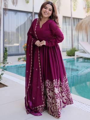 Exceptional Wine Multi Thread Work Crushed Gown With Dupatta 1