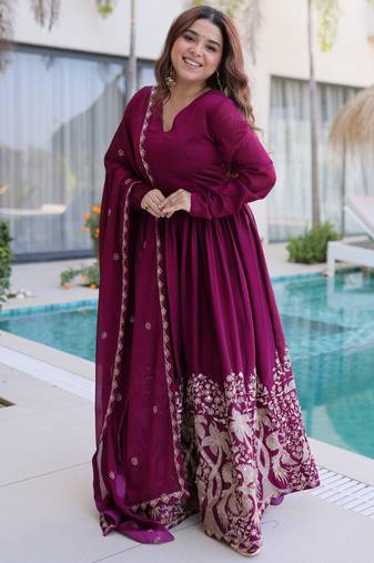 Exceptional Wine Multi Thread Work Crushed Gown With Dupatta