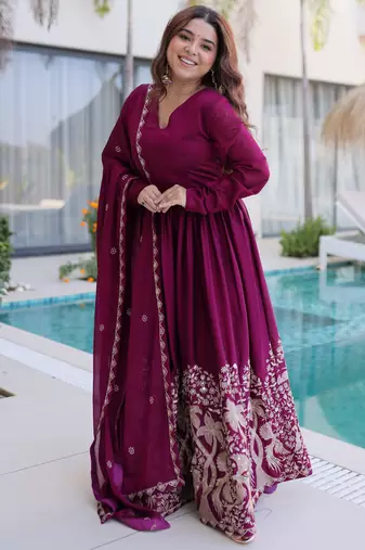 Exceptional Wine Multi Thread Work Crushed Gown With Dupatta