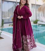 Exceptional Wine Multi Thread Work Crushed Gown With Dupatta