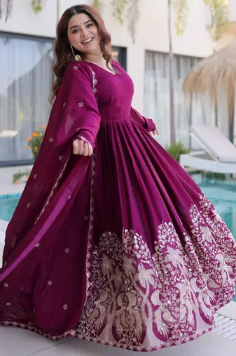 Exceptional Wine Multi Thread Work Crushed Gown With Dupatta