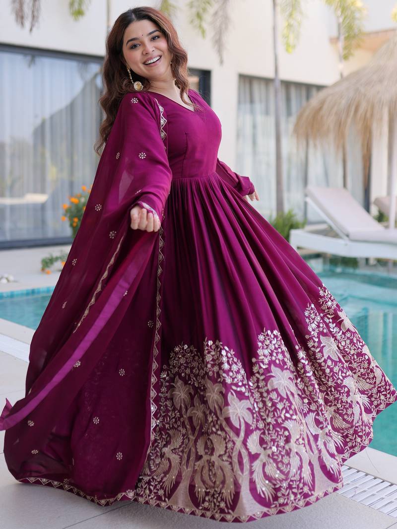 Exceptional Wine Multi Thread Work Crushed Gown With Dupatta