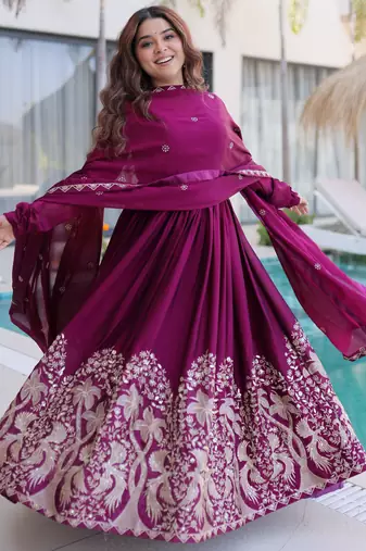 Exceptional Wine Multi Thread Work Crushed Gown With Dupatta