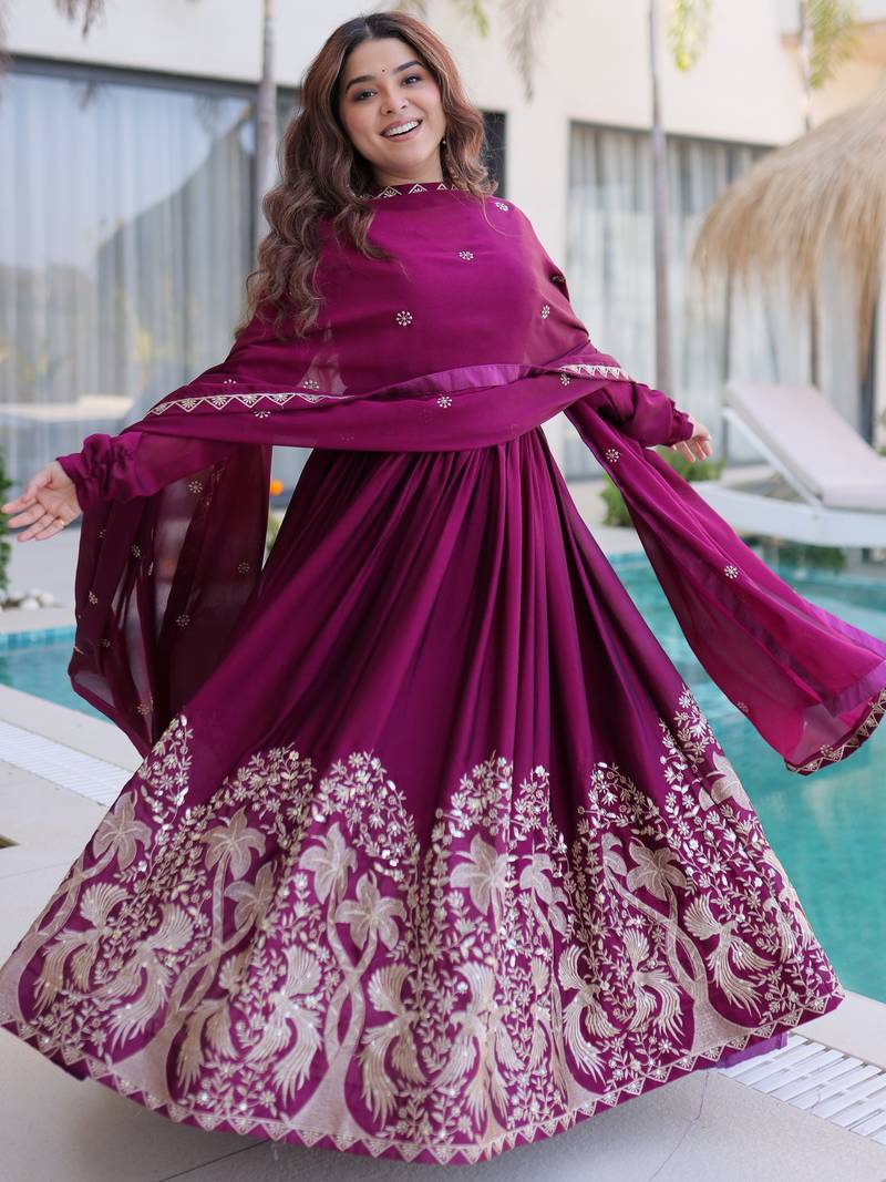 Exceptional Wine Multi Thread Work Crushed Gown With Dupatta