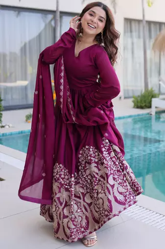 Exceptional Wine Multi Thread Work Crushed Gown With Dupatta