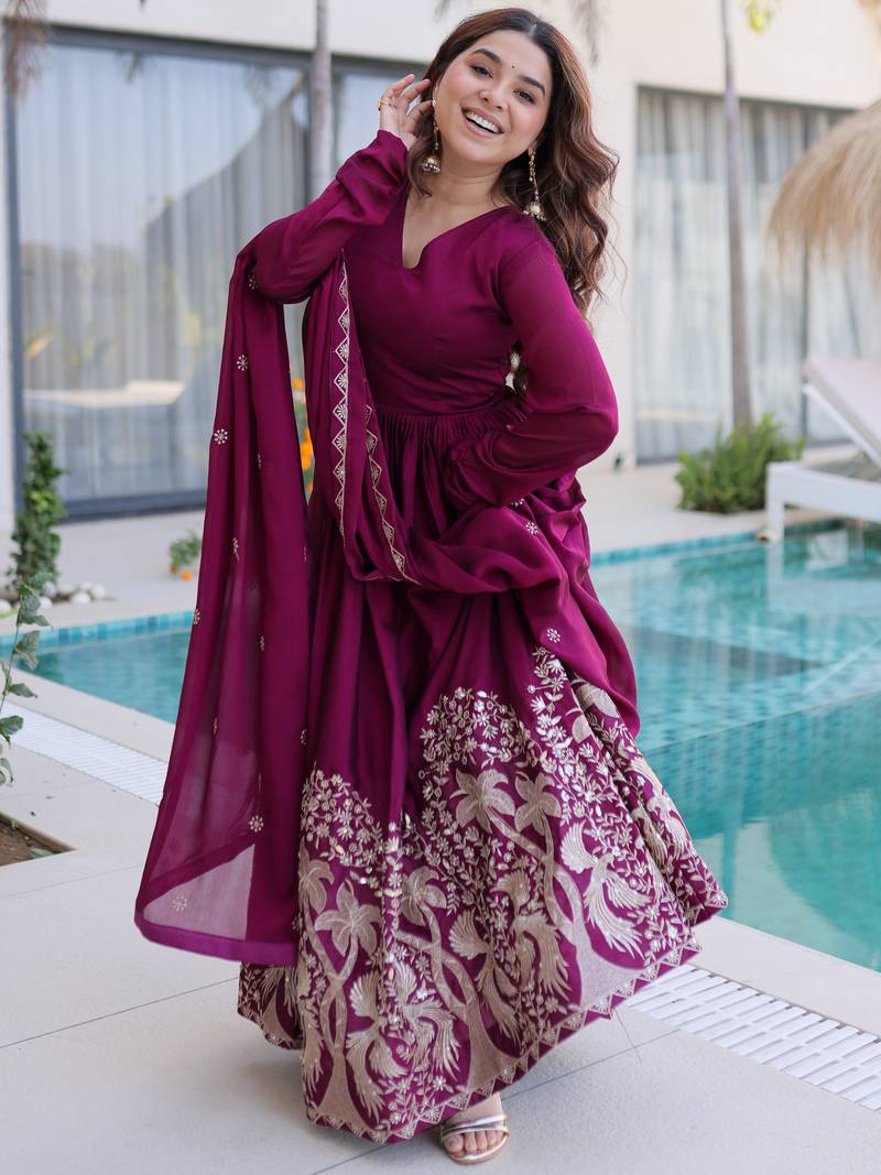 Exceptional Wine Multi Thread Work Crushed Gown With Dupatta