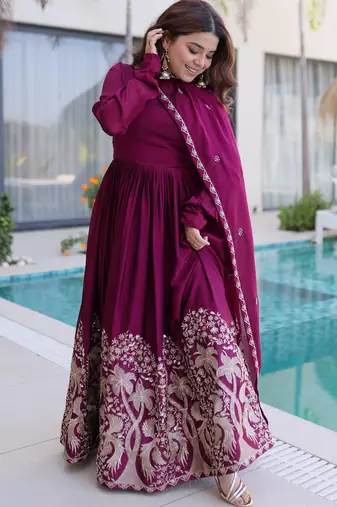 Exceptional Wine Multi Thread Work Crushed Gown With Dupatta