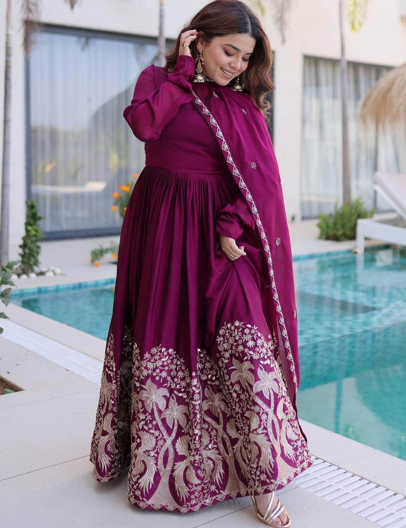 Exceptional Wine Multi Thread Work Crushed Gown With Dupatta