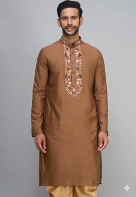 brown embroidered men’s silk kurta patiala set 2
