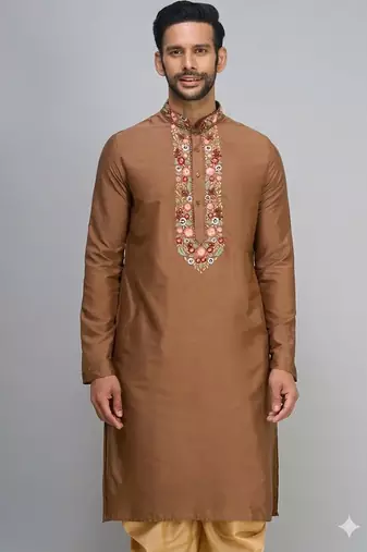 brown embroidered men’s silk kurta patiala set