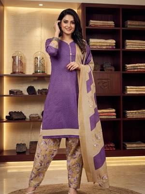 Purple printed cotton blend stitched geometric print salwar kurta dupatta for women 1