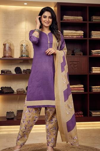 Purple printed cotton blend stitched geometric print salwar kurta dupatta for women