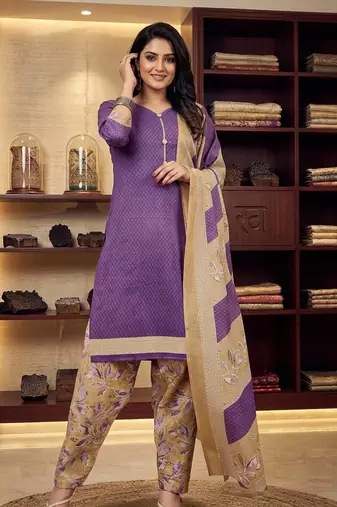 Purple printed cotton blend stitched geometric print salwar kurta dupatta for women