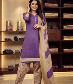 Purple printed cotton blend stitched geometric print salwar kurta dupatta for women