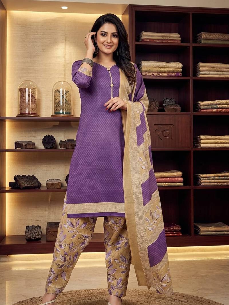 Purple printed cotton blend stitched geometric print salwar kurta dupatta for women