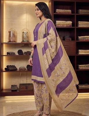 Purple printed cotton blend stitched geometric print salwar kurta dupatta for women 2