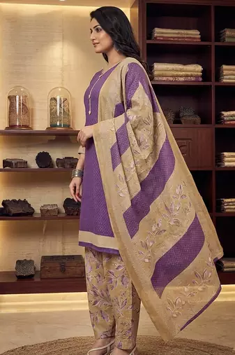 Purple printed cotton blend stitched geometric print salwar kurta dupatta for women