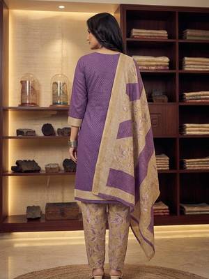 Purple printed cotton blend stitched geometric print salwar kurta dupatta for women 3