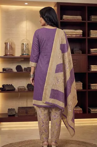 Purple printed cotton blend stitched geometric print salwar kurta dupatta for women