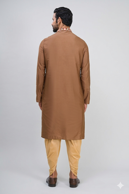 brown embroidered men’s silk kurta patiala set 3