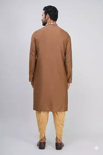 brown embroidered men’s silk kurta patiala set