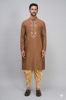 brown embroidered men’s silk kurta patiala set 4