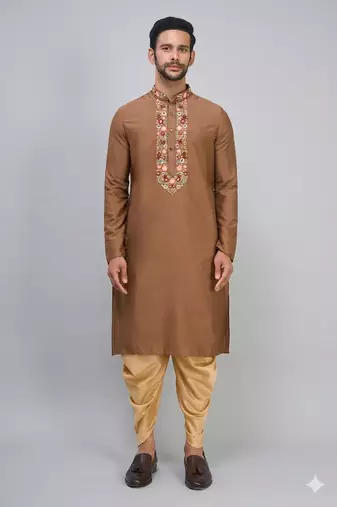 brown embroidered men’s silk kurta patiala set