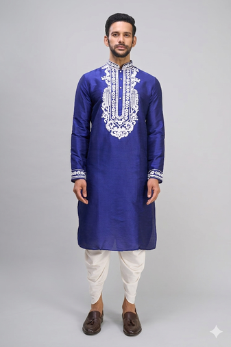 royal blue embroidered men’s silk kurta patiala set