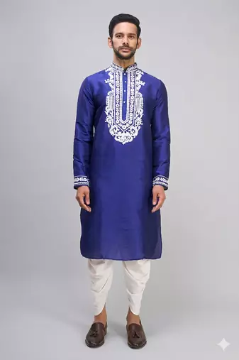 royal blue embroidered men’s silk kurta patiala set