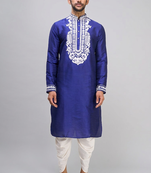 royal blue embroidered men’s silk kurta patiala set