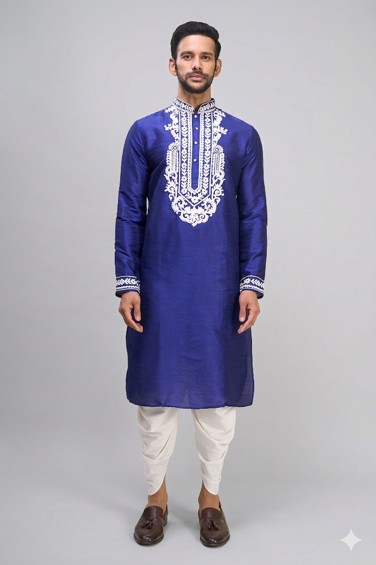 royal blue embroidered men’s silk kurta patiala set