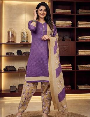 Purple printed cotton blend stitched geometric print salwar kurta dupatta for women 4