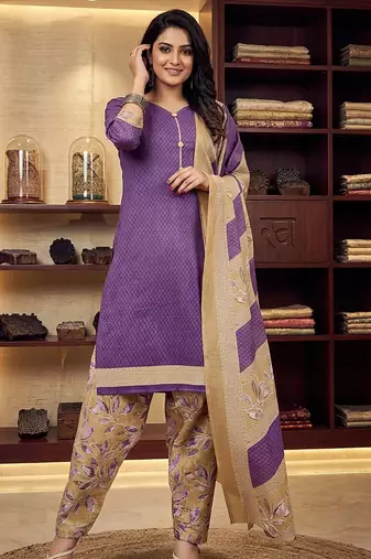 Purple printed cotton blend stitched geometric print salwar kurta dupatta for women