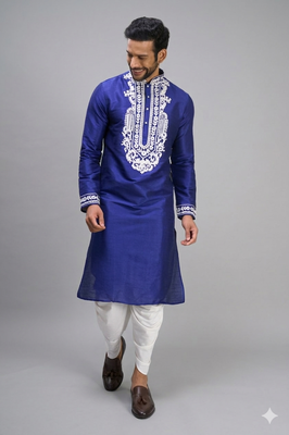 royal blue embroidered men’s silk kurta patiala set 2