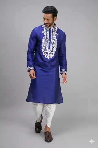 royal blue embroidered men’s silk kurta patiala set