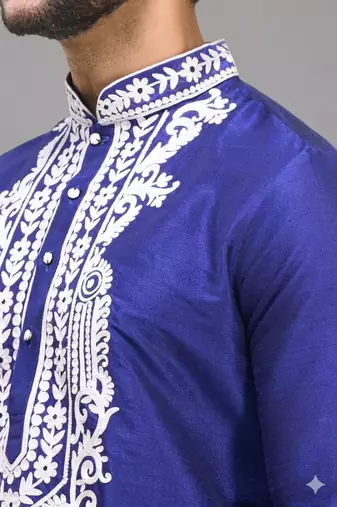 royal blue embroidered men’s silk kurta patiala set