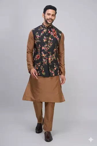 men’s black nehru jacket silk kurta pajama set with floral embroidery