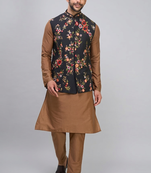 men’s black nehru jacket silk kurta pajama set with floral embroidery
