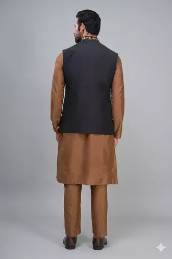 men’s black nehru jacket silk kurta pajama set with floral embroidery