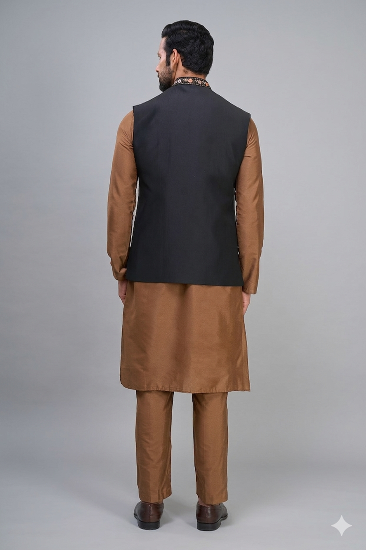men’s black nehru jacket silk kurta pajama set with floral embroidery