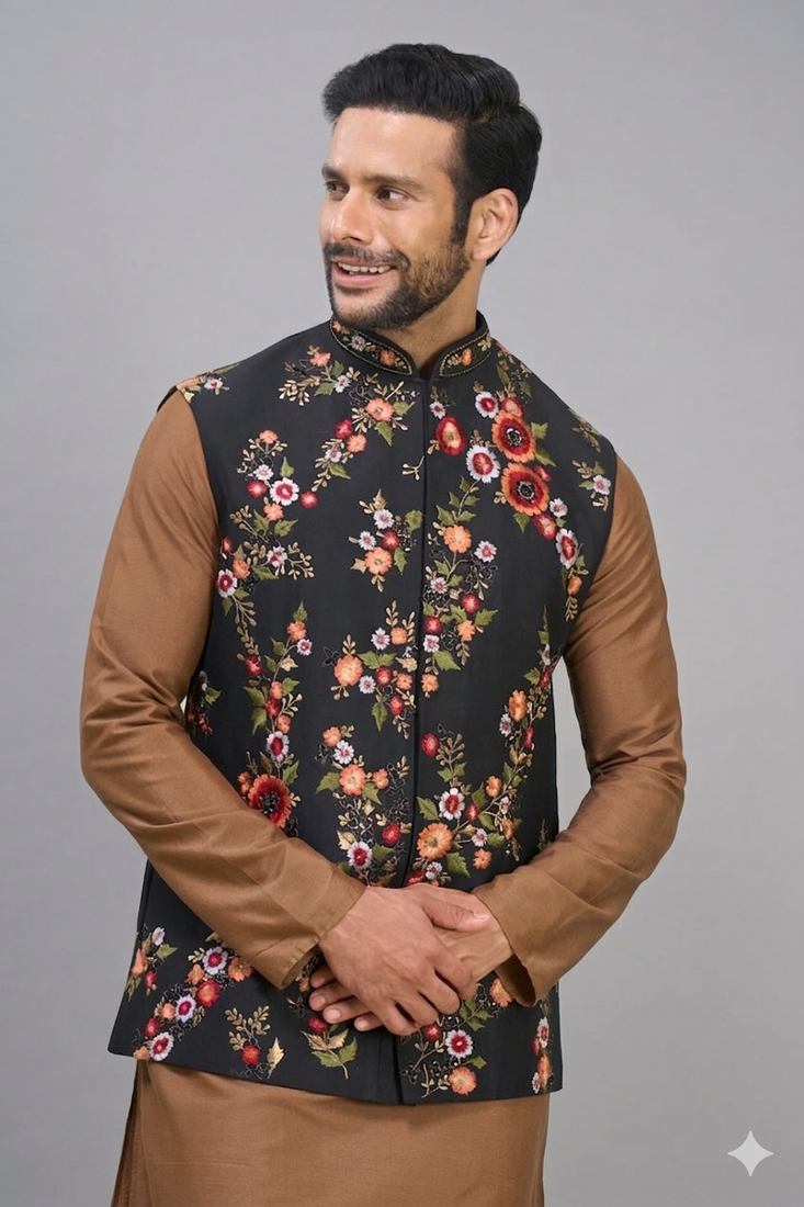 men’s black nehru jacket silk kurta pajama set with floral embroidery
