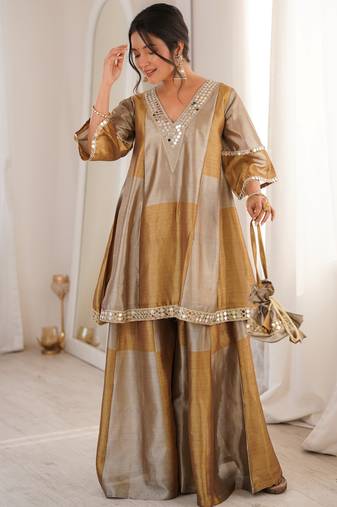 Stylish Golden Mirror Work Tissue Wedding Wear Palazzo Suit