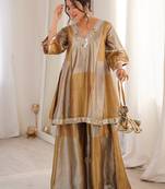 Stylish Golden Mirror Work Tissue Wedding Wear Palazzo Suit
