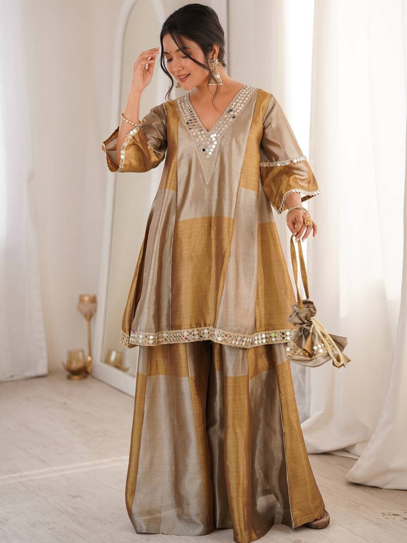Stylish Golden Mirror Work Tissue Wedding Wear Palazzo Suit
