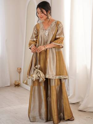 Stylish Golden Mirror Work Tissue Wedding Wear Palazzo Suit 3