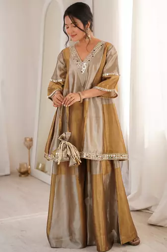 Stylish Golden Mirror Work Tissue Wedding Wear Palazzo Suit