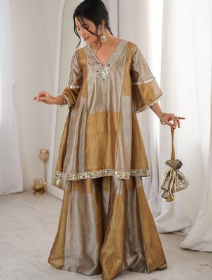 Stylish Golden Mirror Work Tissue Wedding Wear Palazzo Suit 4