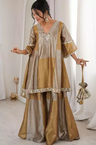 Stylish Golden Mirror Work Tissue Wedding Wear Palazzo Suit