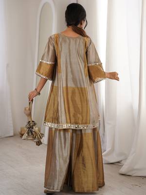 Stylish Golden Mirror Work Tissue Wedding Wear Palazzo Suit 5