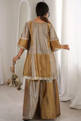 Stylish Golden Mirror Work Tissue Wedding Wear Palazzo Suit